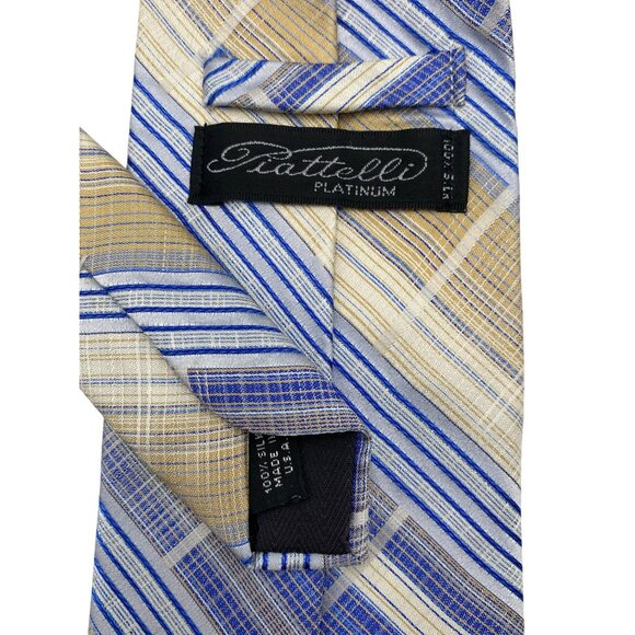 Bruno Piattelli Striped Blue Tan Retro MCM Silk Neck Tie Luxury Vintage Mens - Picture 3 of 6